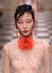 Model. on the runway at the Giorgio Armani Prive Fall 2023 Couture Collection Fashion Show on July 4, 2023 in Paris, France.