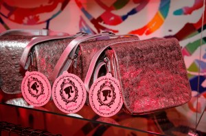A pink metallic Barbie logo handbag on display at the Patricia Barbie Wear by Patricia Fields debut and party in 2007.