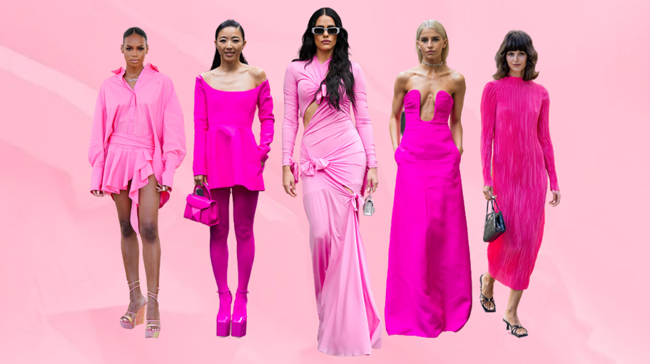 five women in Barbie pink dresses
