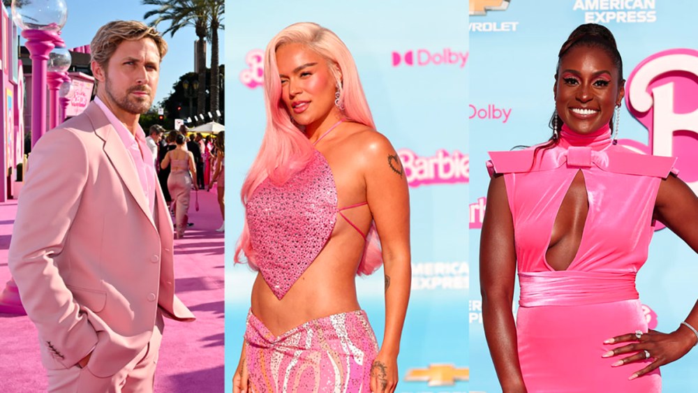 barbiecore pink trends looks, Ryan Gosling at the premiere of "Barbie" held at Shrine Auditorium and Expo Hall on July 9, 2023 in Los Angeles, California, issa rae, karol g