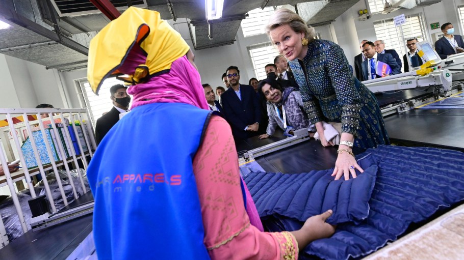 Queen Mathilde of Belgium visited the  Fakir Apparels ltd garment factory on Feb. 6, 2023 in Dhaka, Bangladesh.