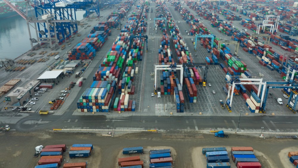 Aerial view of containers and cargo ships at the Port of Los Angeles on January 19, 2022 in San Pedro, California.
