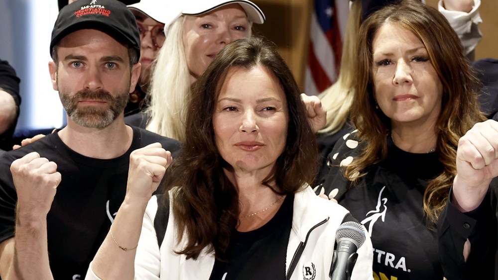 LOS ANGELES, CALIFORNIA - JULY 13: (L-R) Ben Whitehair, Frances Fisher, SAG President Fran Drescher, Joely Fisher, National Executive Director, and SAG-AFTRA members are seen as SAG-AFTRA National Board holds a press conference for vote on recommendation to call a strike regarding the TV/Theatrical contract at SAG-AFTRA on July 13, 2023 in Los Angeles, California. (Photo by Frazer Harrison/Getty Images)