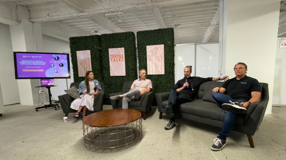 Left to right: moderator Erica Redd, Martin Flora of Green Theme Technologies, Matthew Betcher of Allied Feather + Down, Andrew Peterson of Fuze Technologies.