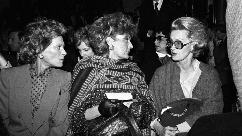 Nan Kempner and Pat Buckley and friend in the front row at the Carolina Herrera fall 1982 fashion show in New York.