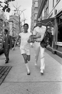 Coqueline Courrèges in Courrèges and Andre Courrèges in the streets of Manhattan on Sept. 27, 1968.