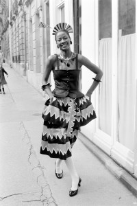 Mounia Orsemane poses in a Picasso print inspired ensemble from Yves Saint Laurent RTW Spring 1980 collection.