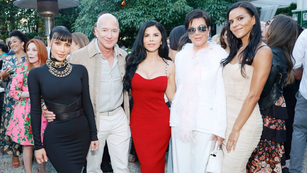 LOS ANGELES, CALIFORNIA - AUGUST 26: (L-R) Kim Kardashian, Jeff Bezos, Lauren Sánchez, Kris Jenner, and Elsa Marie Collins, co-founder of This Is About Humanity, attend the TIAH 5th Anniversary Soiree at Private Residence on August 26, 2023 in Los Angeles, California. (Photo by Stefanie Keenan/Getty Images for This Is About Humanity)