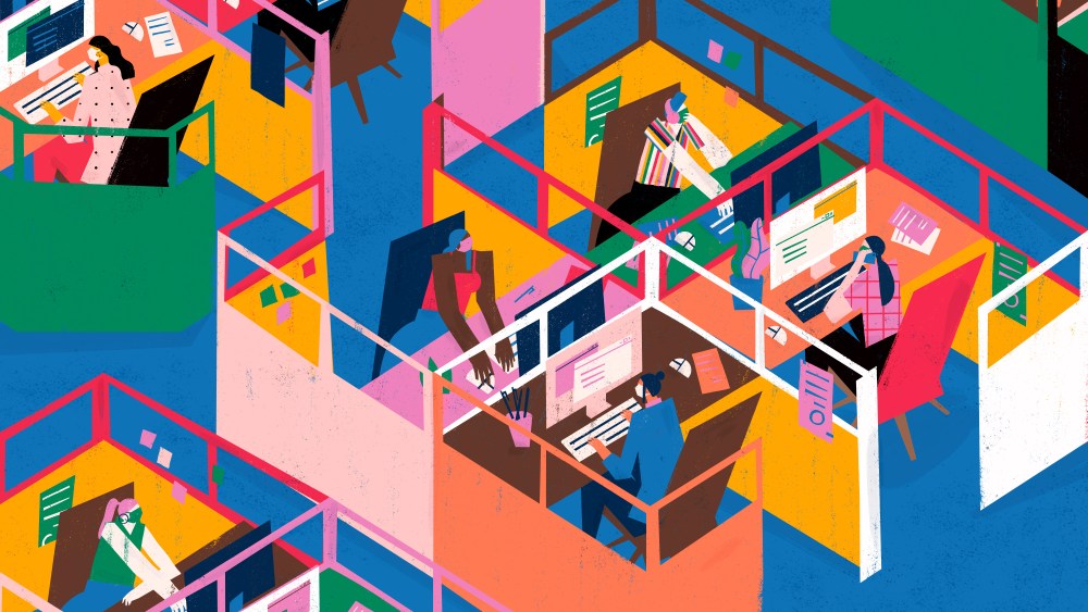 Social distance at workspace by cabin glass screens at office. Business people and coworkers keep safe distance. Colorful.