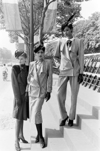 Kirat Bhinder (center), Gloria Burgess (right) and a model in suits from the Emanuel Ungaro 1983 fall couture collection on July 17, 1983, in Paris.