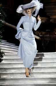 Model Eugenia Silva walks the runway in the Christian Dior 1998 spring couture runway show at the Palais Garnier on Jan. 26, 1998, in Paris. Galliano's inspiration for this collection was the Marchesa Casati, an Italian socialite of the early 20th century.