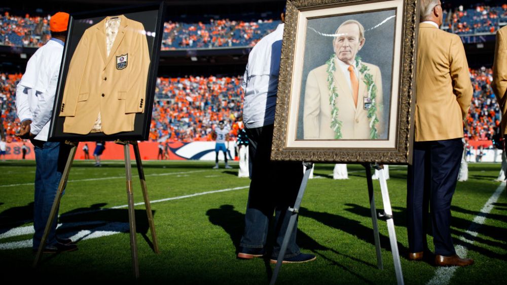 A portrait of the late owner of the Denver Broncos Pat Bowlen is displayed next to the gold jacket during a halftime ceremony against the Tennessee Titans on Oct. 13 in Denver, Colorado.