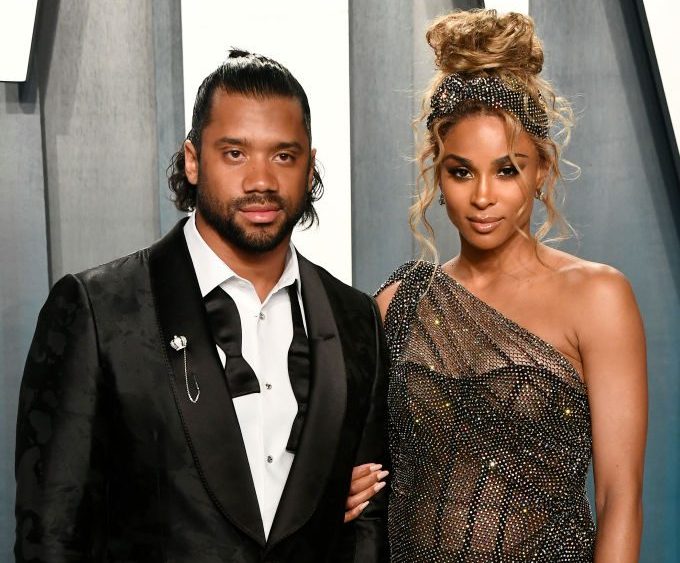 Russell Wilson and Ciara sheer dress, at the 2020 Vanity Fair Oscar Party in Los Angeles.