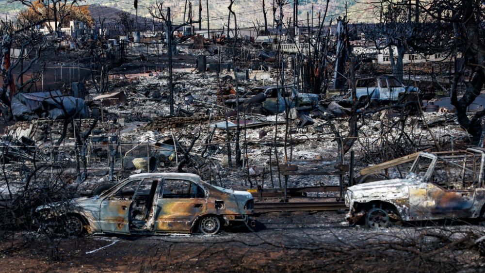 Lahaina, Maui, Monday, August 14, 2023 - A view of destruction from Hwy 30 days after a fierce wildfire destroyed the town. (Robert Gauthier/Los Angeles Times via Getty Images)