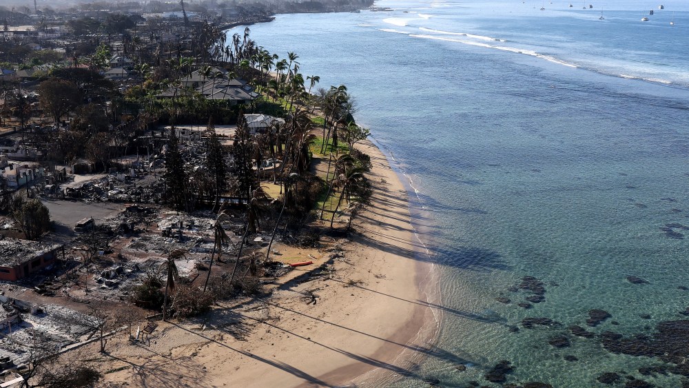 Destruction along the Lahaina beach in Maui, Hawaii.
