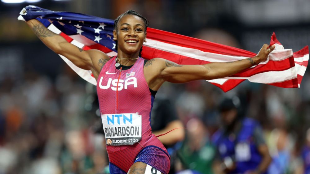 Sha'Carri Richardson celebrating her win during day three of the 2023 World Athletics Championships on Aug. 21 in Budapest, Hungary.