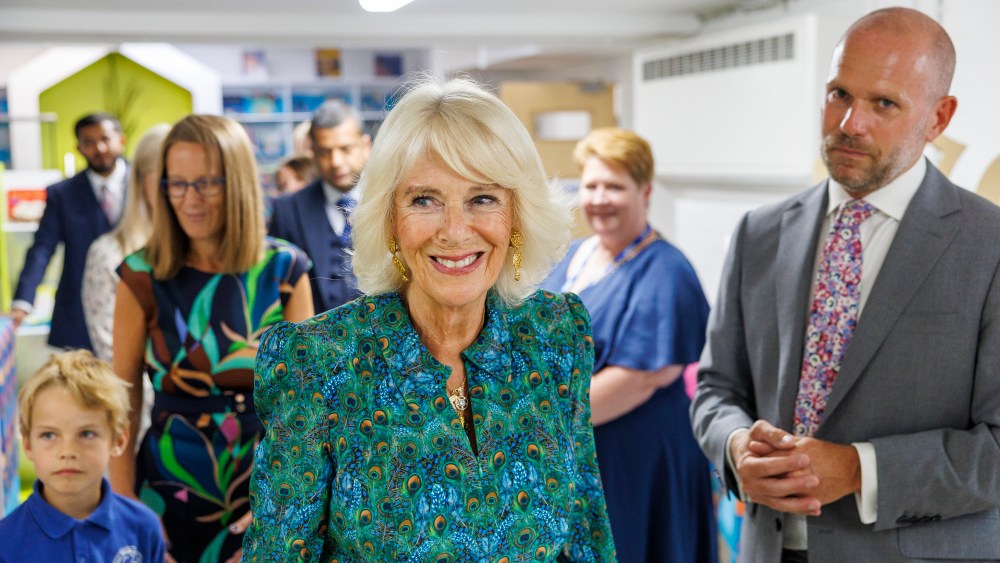 LONDON, ENGLAND - AUGUST 29: Queen Camilla joins children and care home residents at a 'Poetry Together' recital and tea party at Fielding Primary School in Ealing on August 29, 2023 in London, England. (Photo by Doug Seeburg - WPA Pool/Getty Images)
