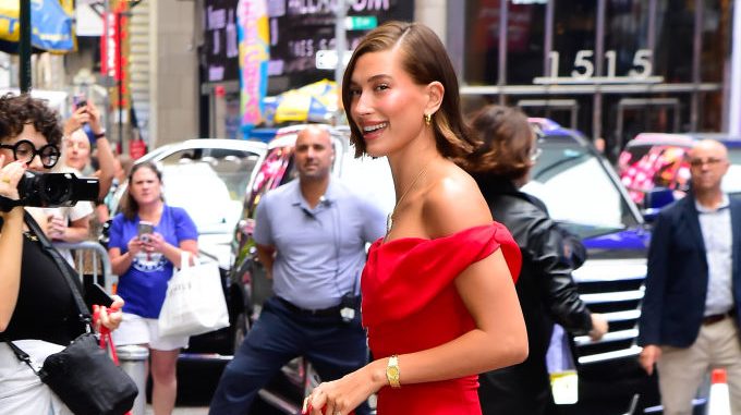 Hailey Bieber visits "Good Morning America" on Aug. 28 in New York.