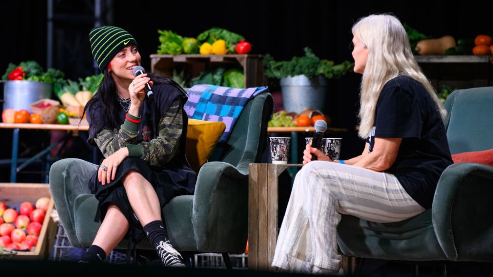 (L-R) Billie Eilish and Maggie Baird speaking at the Overheated climate activism event on Aug. 30 in London.