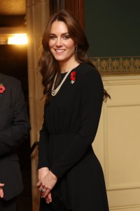 Nov. 11: The Princess of Wales wore a black Emilia Wickstead dress, Stuart Weitzman clutch, and Aquazzura pumps to the Festival of Remembrance. She accessorized with strings of pears that belonged to the late Queen, the Bahrain Pearl and Diamond Drop earrings, and pinned a poppy to her dress with the Queen Mother’s Dragoon Guards brooch.