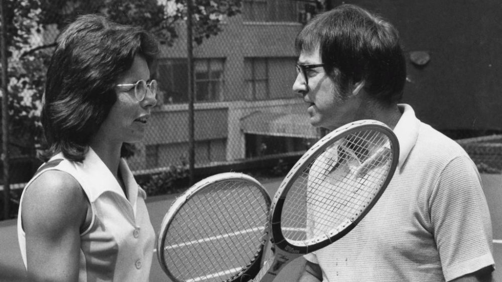 Billie Jean King and Bobby Riggs at a press event for the "Battle of the Sexes" in 1973.