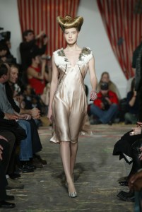 A model walks down the runway at the fall 2004 Heatherette fashion show on Feb. 12, 2004, in New York.