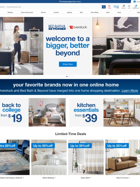 Overstock has ditched its former image as the purveyor of closeouts and has an updated website bearing the Bed Bath & Beyond banner.