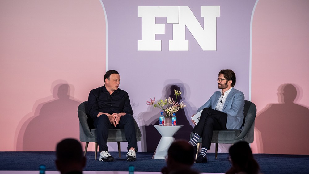Brendan Hoffman (L) speaks with Michael Atmore (R) at the 2023 FN CEO Summit held at The Ritz-Carlton South Beach on April 20, 2023 in Miami Beach, Fla.