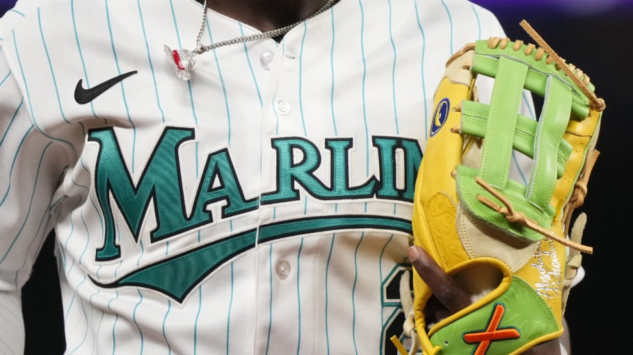 A detailed look at the jersey worn by Jazz Chisholm Jr. #2 of the Miami Marlins in the game against the New York Yankees at loanDepot park on August 11, 2023 in Miami.