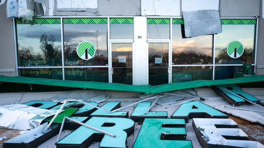 A storm-damaged Dollar Tree store after Hurricane Idalia crossed the state on Aug. 30, 2023 in Perry, Florida. The storm made landfall at Keaton Beach, Florida as a category 3 hurricane.