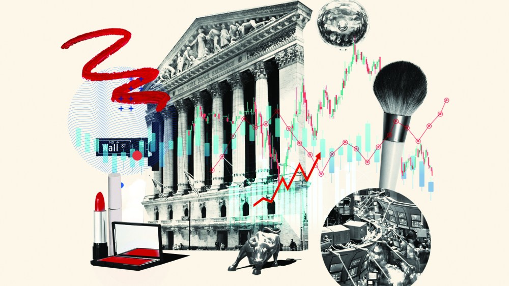 Wall Street, makeup products, illustration