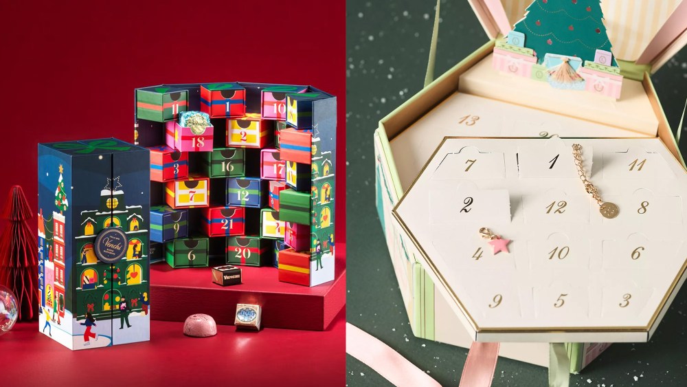 chocolate and jewelry advent calendars side by side, photographed in festive settings