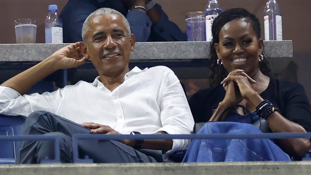 NEW YORK, NEW YORK - AUGUST 28: Former President of the United States Barack Obama and his wife Michelle Obama look on during ther Women's Singles First Round match between Coco Gauff of the United States and Laura Siegemund of Germany on Day One of the 2023 US Open at the USTA Billie Jean King National Tennis Center on August 28, 2023 in the Flushing neighborhood of the Queens borough of New York City. (Photo by Sarah Stier/Getty Images)