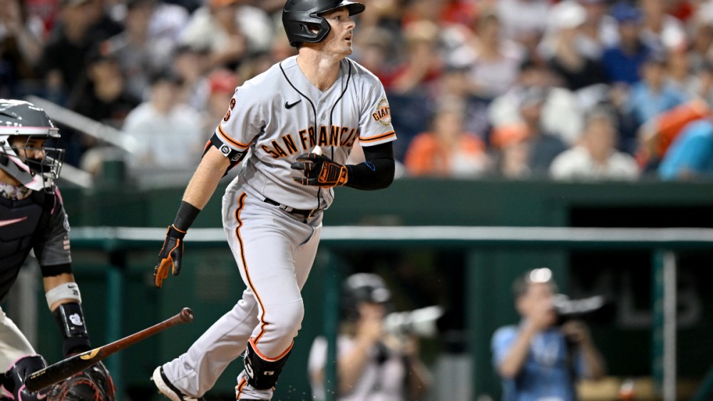 WASHINGTON, DC - JULY 21: Mike Yastrzemski #5 of the San Francisco Giants bats against the Washington Nationals at Nationals Park on July 21, 2023 in Washington, D.C.