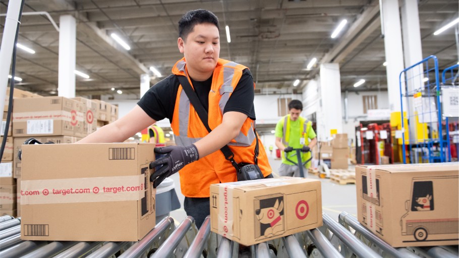 A Target team member sorts packages at Target’s Minneapolis sortation center.