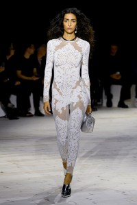 Model on the runway at Alexander McQueen Ready To Wear Spring 2024 held at Careau du Temple on September 30, 2023 in Paris, France.