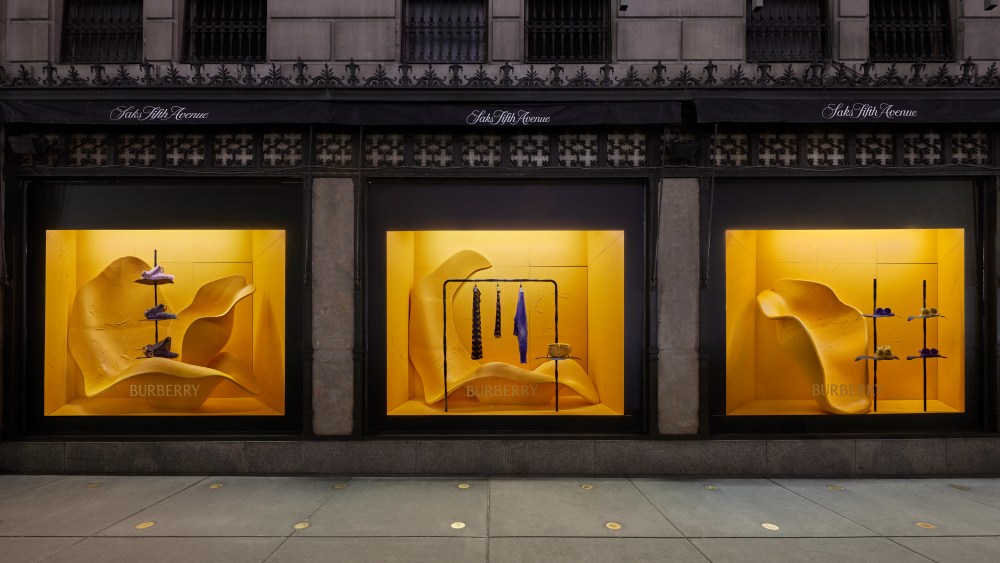 Burberry windows at Saks featuring Daniel Lee's debut winter collection.