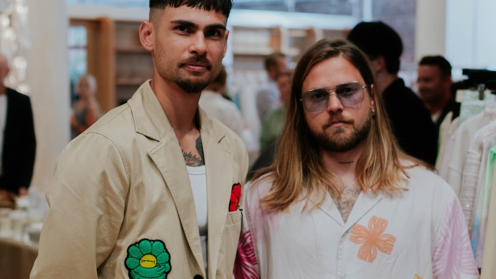 Isnurh designer Kasper Todbjerg at right wearing a floral button-up.