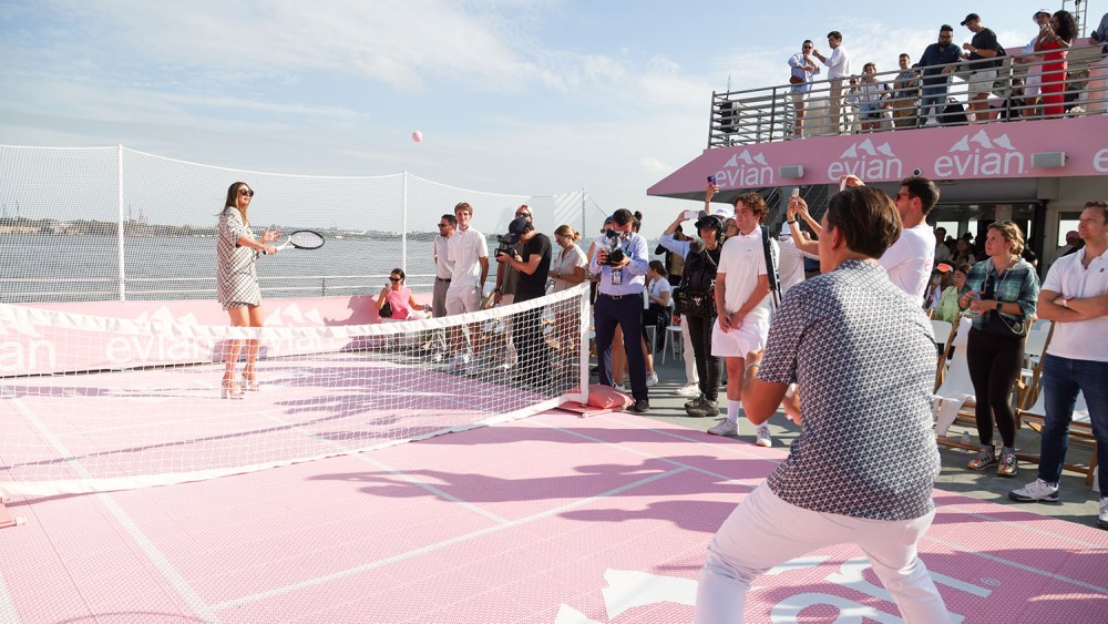 Maria Sharapova volleys with a fan aboard the S.S. Evian.