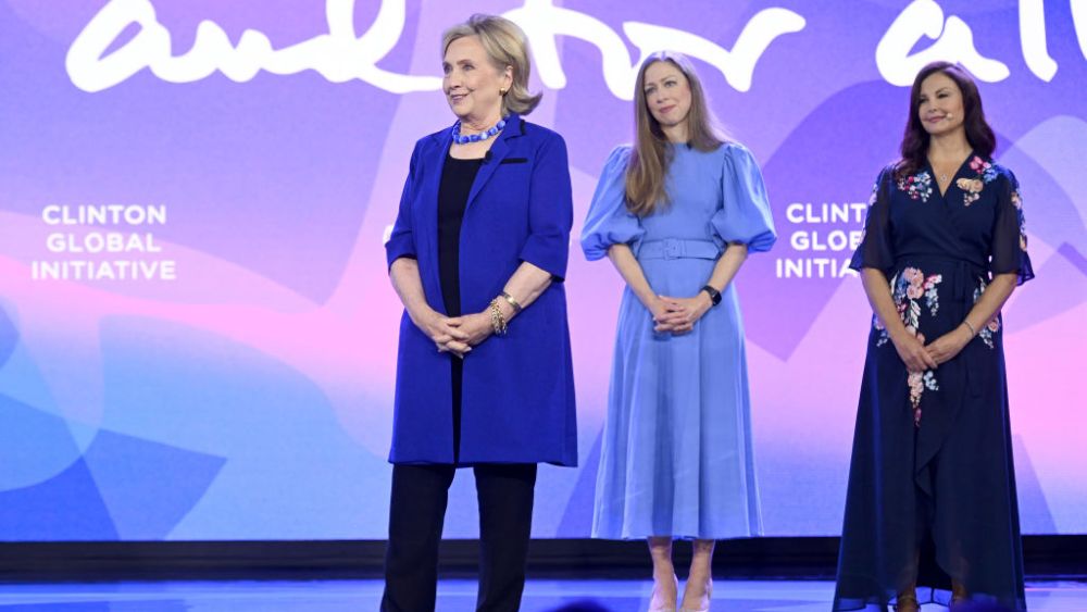 NEW YORK, NEW YORK - SEPTEMBER 18: (L-R) Hillary Clinton, Chelsea Clinton, and Ashley Judd are seen onstage during the Clinton Global Initiative September 2023 Meeting at New York Hilton Midtown on September 18, 2023 in New York City. (Photo by Noam Galai/Getty Images for Clinton Global Initiative)