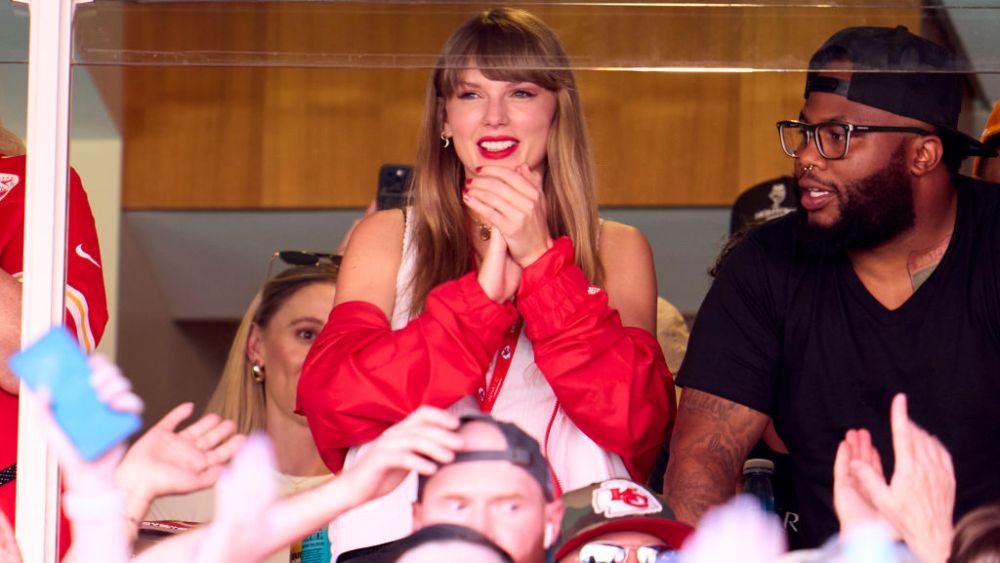 Taylor Swift watches the Kansas City Chiefs play the Chicago Bears on Sept. 24 in Kansas City, Missouri.
