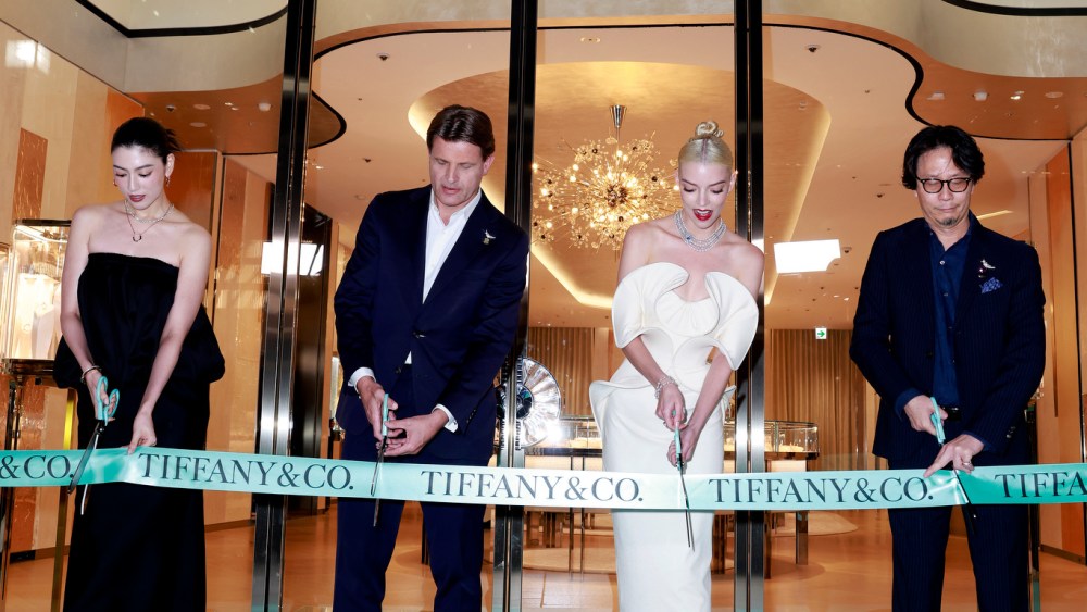 Ayaka Miyoshi, Anthony Ledru, CEO of Tiffany & Co., Anya Taylor-Joy and Shintaro Kitsuda, President Tiffany & Co. Japan Inc cut the ribbon to celebrate the opening of  Tiffany & Co.'s new store in Omotesando on September 12, 2023 in Tokyo, Japan.