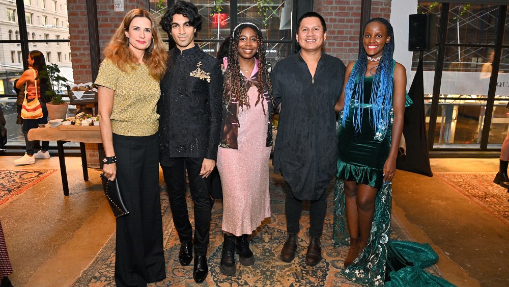 NEW YORK, NEW YORK - SEPTEMBER 18: (L-R) Livia Firth, Saad Amer, Dominique Palmer, Leo Cerda, and Vanessa Nakate attend the GCFA Sharing the Table event, Hosted By Livia Firth, Bethann Hardison, Cameron Russell, Vanessa Nakate And Keshia Hannam during The UNGA Climate Week NYC at 1 Hotel Central Park on September 18, 2023 in New York City. (Photo by Roy Rochlin/Getty Images for Green Carpet Fashion Awards)