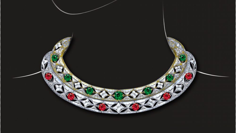 “The final design of the plants necklace, mixing yellow and white gold, rubies, emeralds and 11 LV monogram cut star and flower diamonds.” - Francesca Amfitheatrof