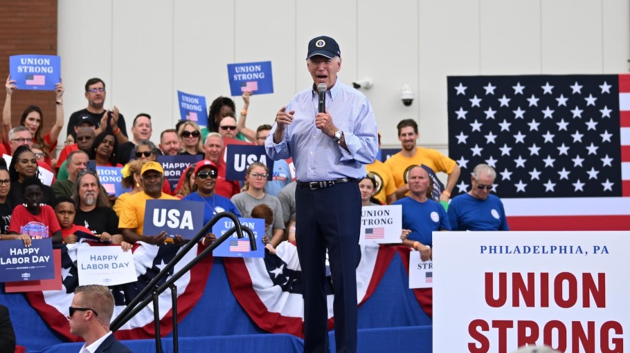U.S. President Joe Biden addresses union workers at Sheet Metal Workers Local 19 on September 4, 2023 in Philadelphia, Pennsylvania. During his speech, President Biden talked about his record on job creation and support for labor unions.