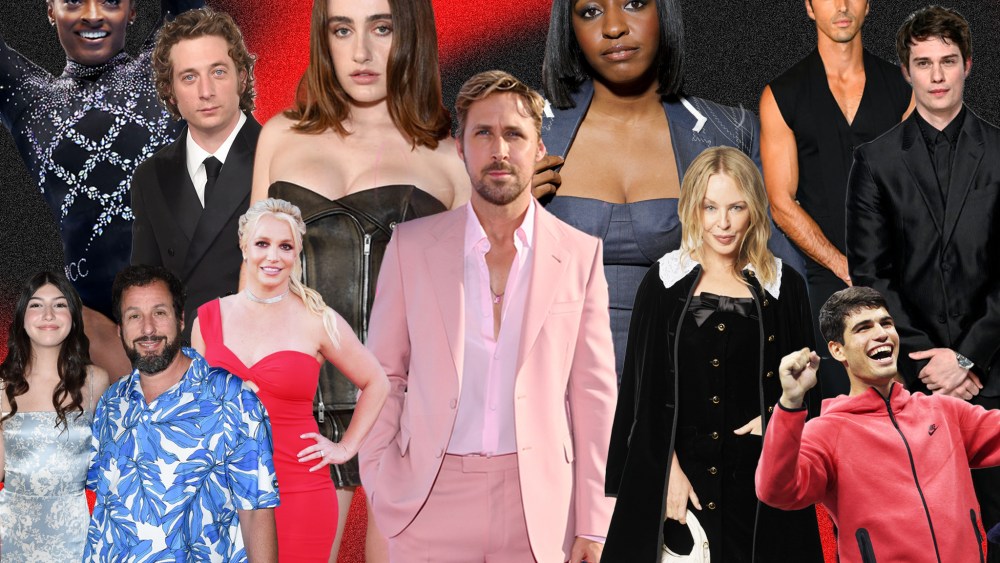 Clockwise from left: Simone Biles, Jeremey Allen White, Rachel Sennott, Ayo Edebiri, Taylor Zakhar Perez, Nicholas Galitzine, Carlos Alcaraz, Kylie Minogue, Ryan Gosling, Britney Spears, Adam Sandler and Sadie Sandler.