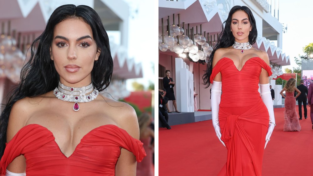 Georgina Rodriguez, enea premiere, red carpet, venice film festival, red vetements dress