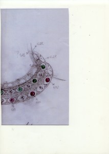 “An original sketch and stone placement of the exceptionally rare round cut rubies emeralds and diamonds.” - Francesca Amfitheatrof