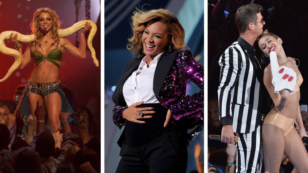viral memorable mtv vmas moments, video music awards, beyonce pregnant, miley cyrus robin thicke, britney spears i'm a slave for you snake