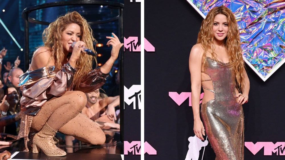 Shakira, MTV VMAs 2023, versace dress gold, red carpet